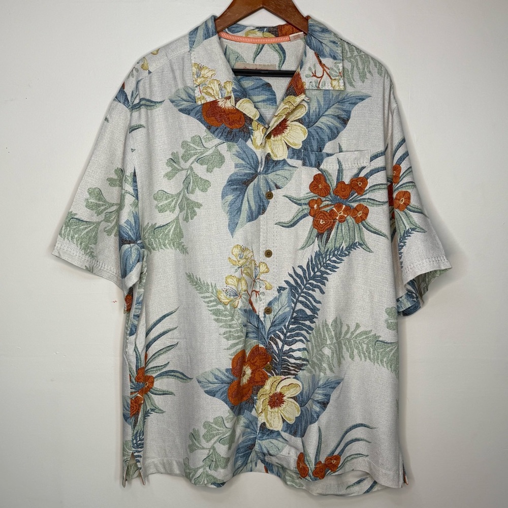 Tommy Bahama 100% Silk Floral Fern Hawaiian Camp Shirt XL